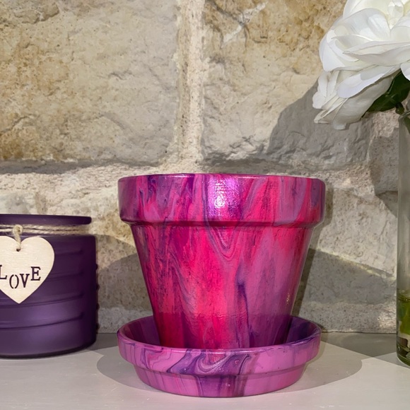 Other - Hand painted abstract acrylic fluid pour art clay terracotta flower pot 🌸